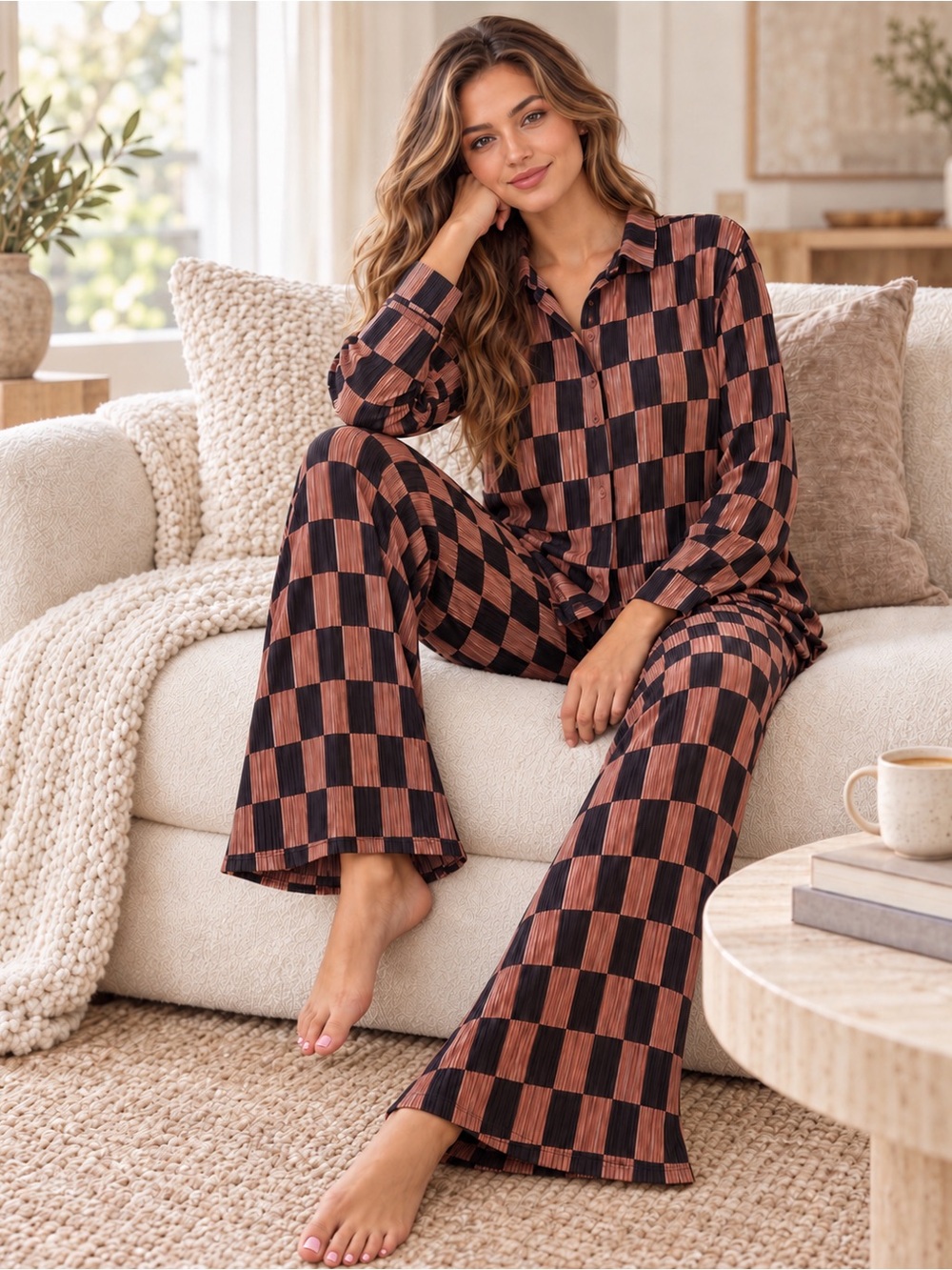 NEW Blue b Black Dark Brown Checkered Checker Button Up Plisse Shirt & Pants Set